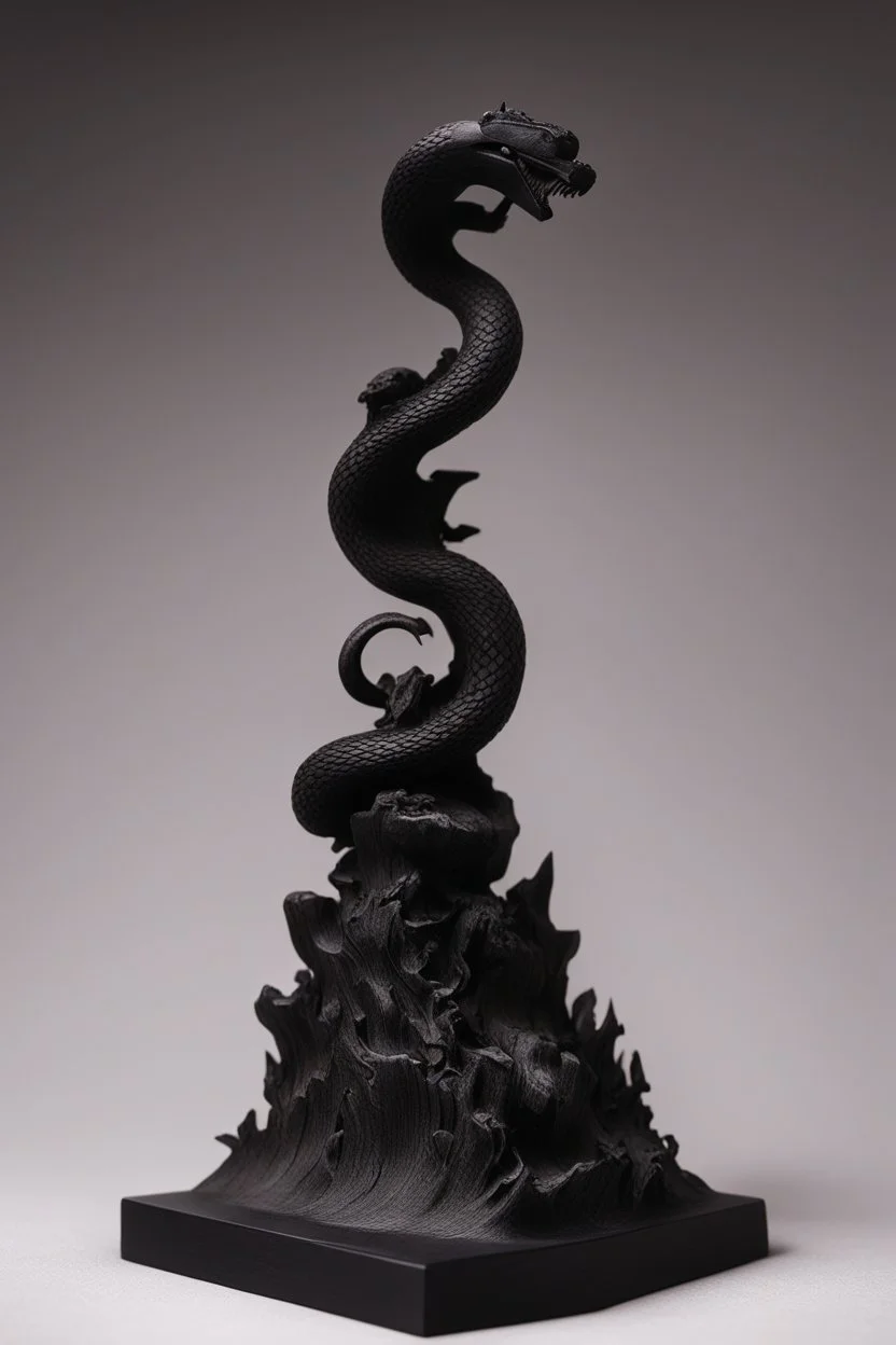 an ominous small statuette made of ebony in the form of a mountain with the snake slithering around the mountain