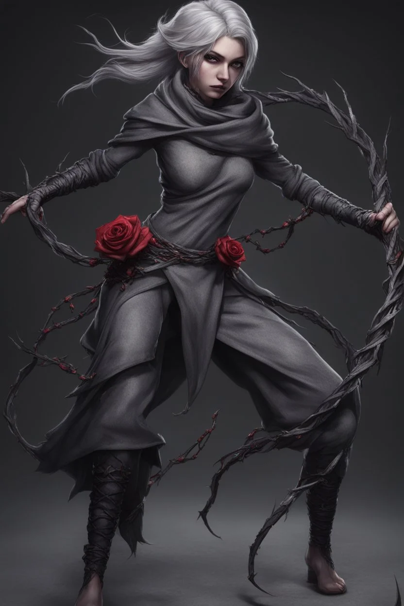 female gray skin, Shadar-Kai wielding a Whip made out of black thorns, clothes with a dark rose theme