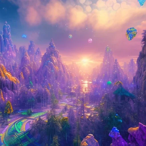 blue gold and violet landscape with multicolored crystals falling from the sky, full of details, smooth, bright sunshine，soft light atmosphere, light effect，vaporwave colorful, concept art, smooth, extremely sharp detail, finely tuned detail, ultra high definition, 8 k, unreal engine 5, ultra sharp focus