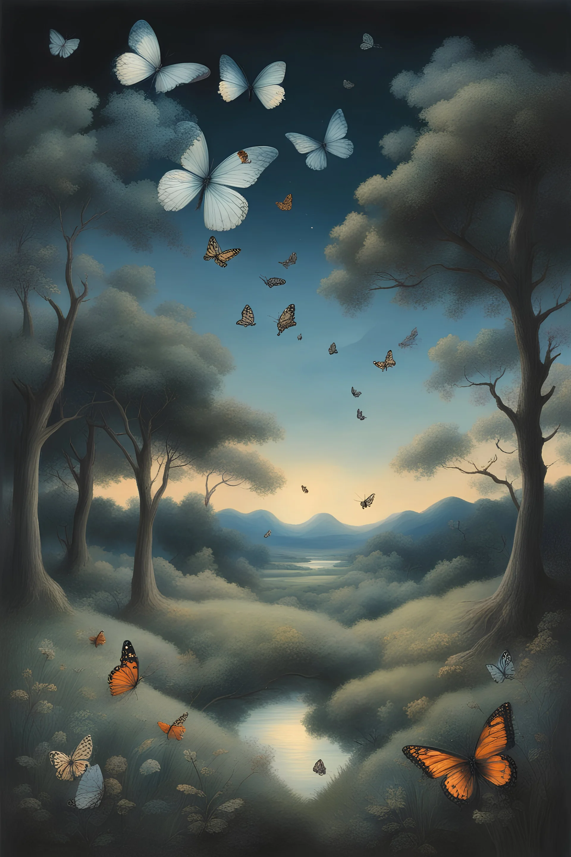 Half-day and half-night landscape, with trees and butterflies