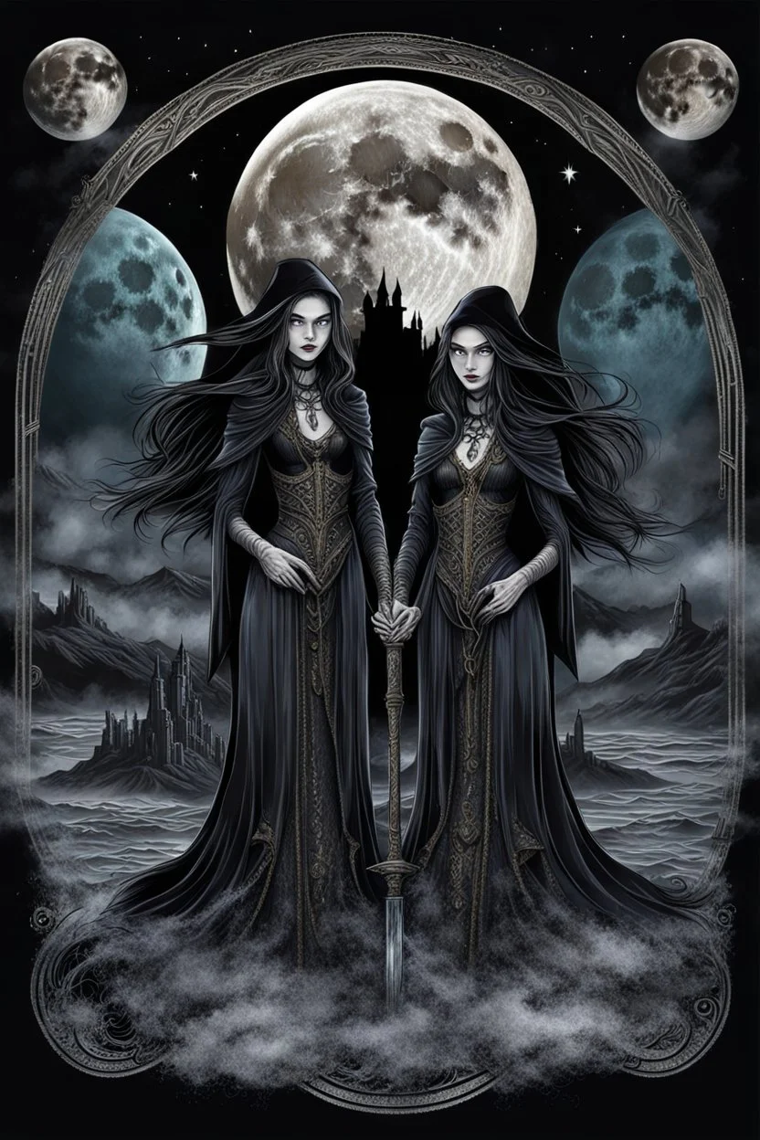 stunning two full moon, foreground twins witch sibling, dark fantasy, high detalied, matte dark colors, sharp lines, sharp focus, sinister and mystic vibe,, high textures, breathtaking illustration