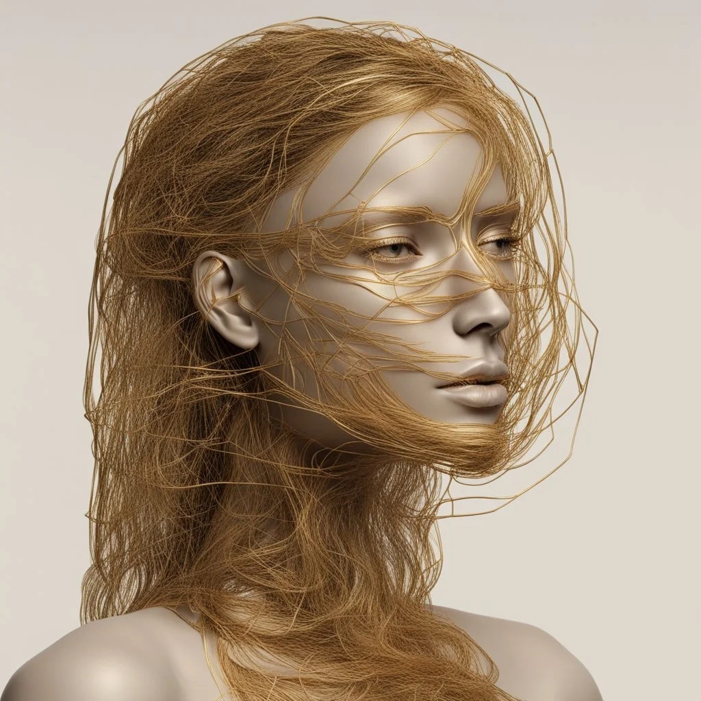 Woman face made of golden metal wires