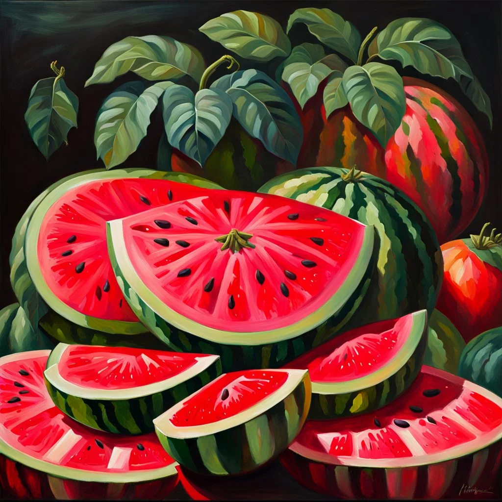 Still life oil painting depicting multiple vibrant watermelons against a dark toned background from a distance. Ripe and juicy, sliced open in several patterns, rich red interior visible, seeds visible, glossy texture, fresh green stems, contrasting bright colors, tropical fruit setting, artistic interpretation, detailed realism, bright colorful palette and paint texture, natural light, high resolution, Showcase texture and detail, by botanical painter. Blurred outlines.Looks delicious. Modifier