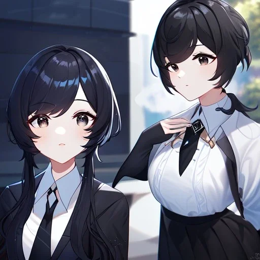 Clear focus, High resolution, short black hair, white and black hair, 2 hair colors, black eyes, wearing a black jacket and a white shirt, wearing a black skirt, 1girl, Genshin impact, long locks, long eyelashes, black tie