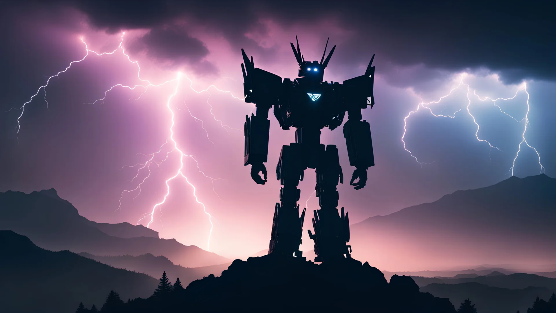 silhouette of the a transformer very very very far away on top of a mountain in the distance, cinematic lightning, nebula sky