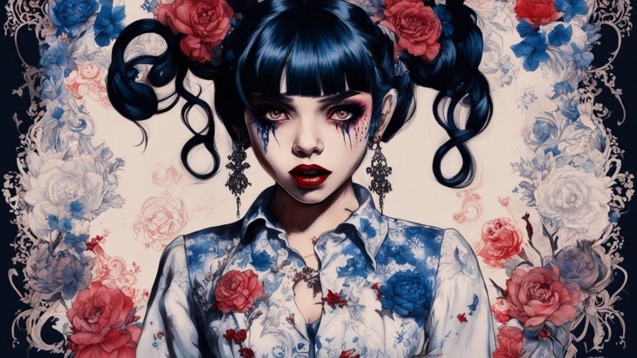 Poster in two gradually, a one side wears a smart shirt which is embroidered with bluered flowers and ornaments, has dark eyes and horns,malevolent goth vampire girl face and other side the Singer Melanie Martinez face, full body, painting by Yoji Shinkawa, darkblue and sepia tones,