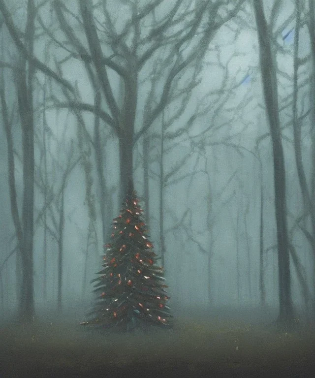 Painting of a festive Christmas tree in a misty swamp