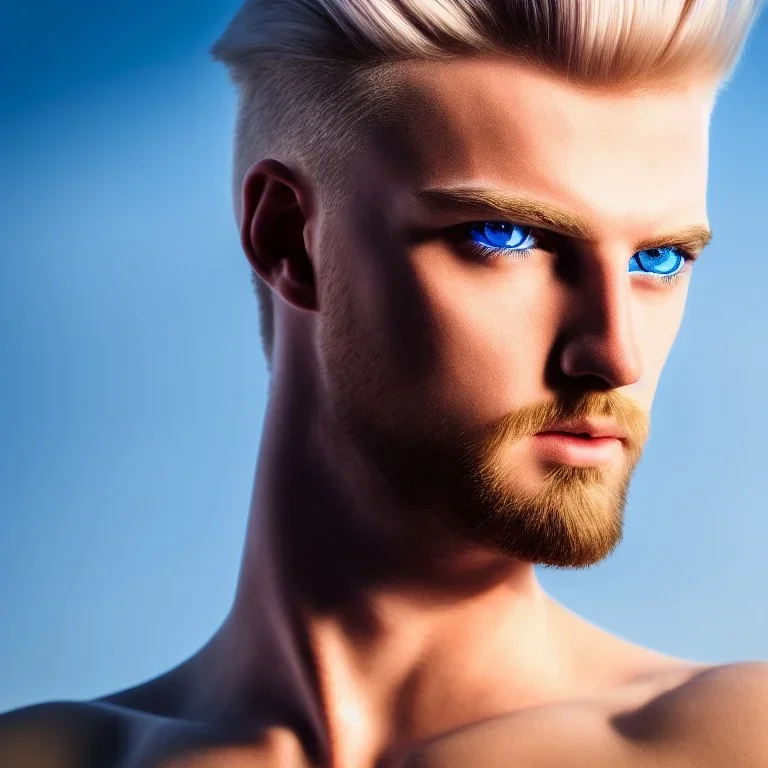 masterpiece, best quality, man, blue eyes, fluorescent, blond flutter hair, highly detailed body, sun light, 4K, RAW, depth of field, high contrast, realistic details, 150mm