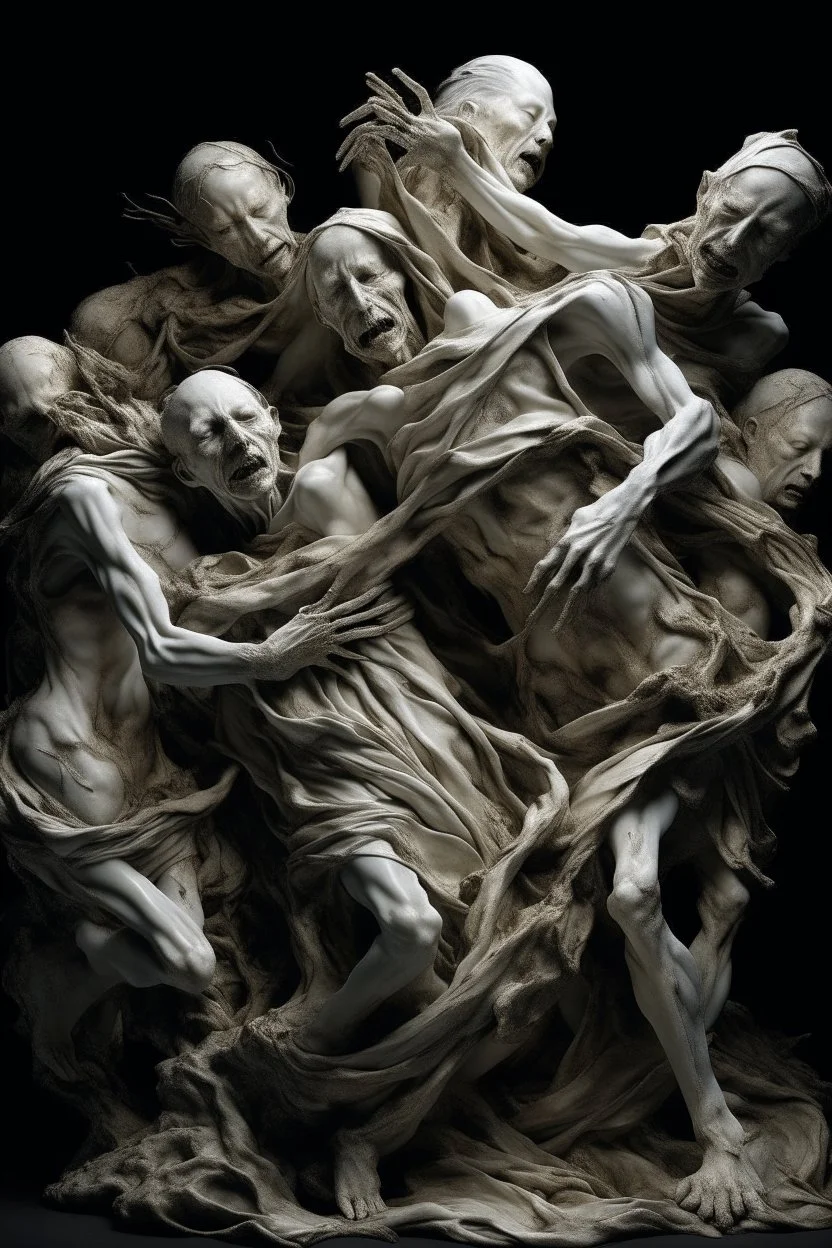 Imagine a mass of figures intertwined in a grotesque and chaotic embrace. Their bodies, covered in thin ragged cloth, merge together to create an unsettling and visually compelling image. Focus on showing different body types, skin tones and expressions ranging from anguish to ecstasy. It's not a sensual entanglement, but something disturbingly intimate. The figures' bodies weave in and out of gnarled, skeletal branches. These branches both sprout from the human forms and confine them, stretchin