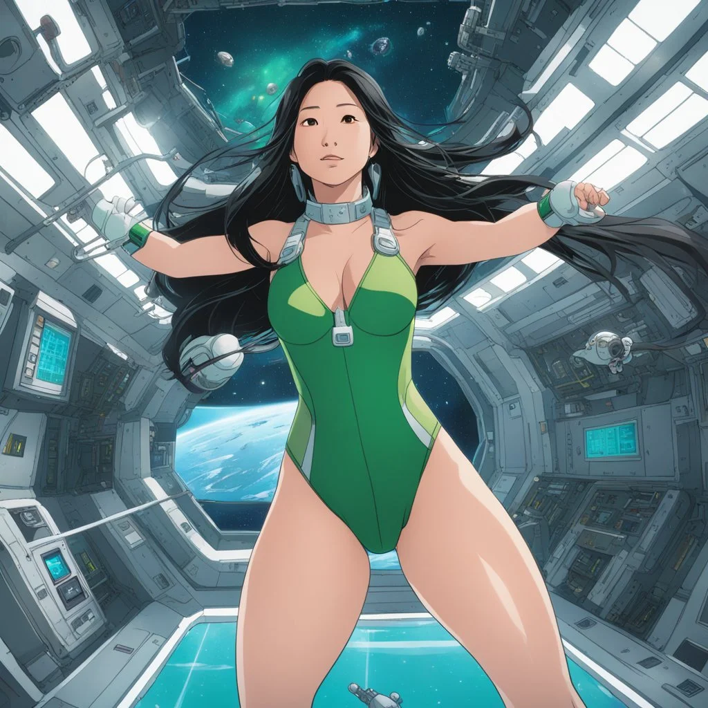 an Asian woman with long hair is weightless in a space station, wearing a green swimsuit, and floating as if in a swimming pool. The space station is full of devices and cables, there is a round holdout in the background, and you can see outer space.
