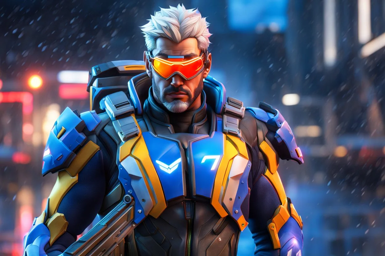 Soldier 76 in 8k realistic cgi drawing style, overwatch them, close picture, rain, neon, intricate details, highly detailed, high details, detailed portrait, masterpiece,ultra detailed, ultra quality