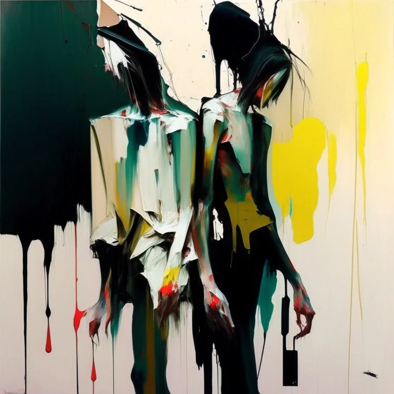 1 minute ago Minimal contemporary abstract flat figurative painting.. Big brushstrokes. Twisted fragments of bodies. Drips of paint. style of Justin Mortimer and Adrian Ghenie. Triadic colour