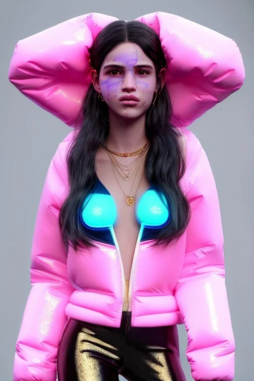 Ultra Realistic image, Rosalía artist, portrait, normal complexion, waist up portrait, two monkeys hair ,black eye long line, sweet face, t-shirt with holes, inflatable open coat, gold pink and blue style, spray glow make up, big geometric led jewelry, fog, hot, inflatable style latex coat, vibrant color, highly detailed, art stations, concept art, smooth, unreal engine 5, god rays, ray tracing, RTX, lumen lighting, ultra detail, volumetric lighting, 3d, finely drawn, high definition.