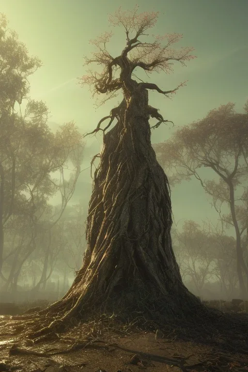 Cyberpunk theme, Oak tree roots holding man inside, misty sunny day, close-up portrait,