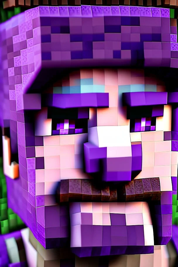 a close-up portrait of a purple Minecraft face, farmer, 3d, large pixel style