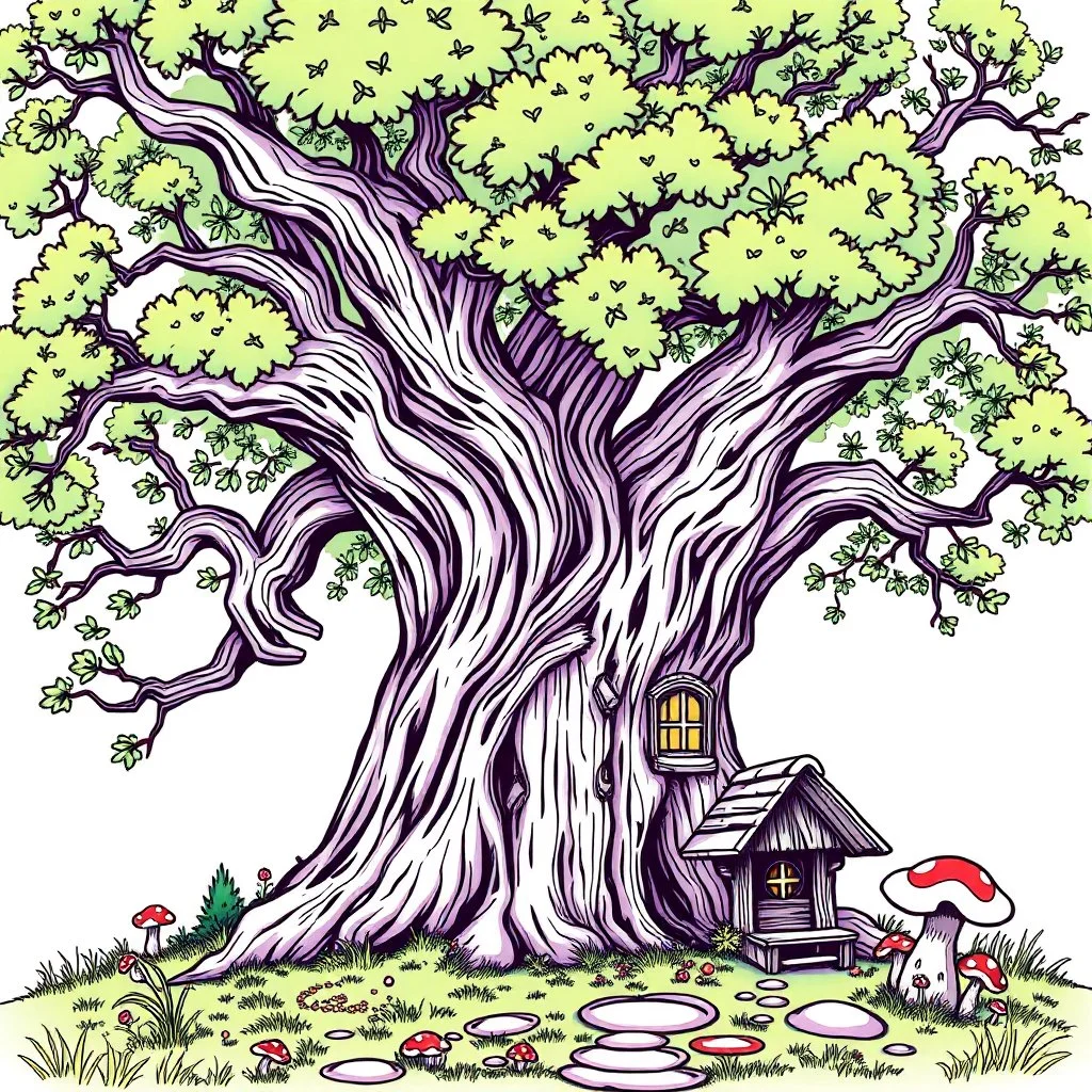 outline art for square twisted old oak tree mushroom cottage full vivid colored page for kids, classic manga style, anime style, realistic modern cartoon style, full color background, sketch style, only use outline, clean line art, no shadows, clear and well outlined