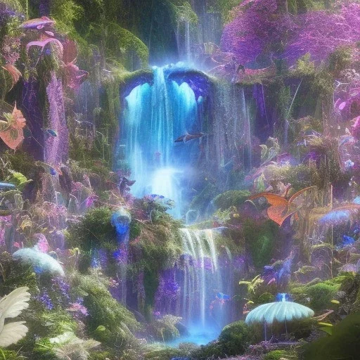 magical blu castel, bioluminsescent plants, 8k resolution, dynamic lighting, ultra hyperdetailed, waterfalls, ultra colourful flovers and butterflys,, very small details, realistic.