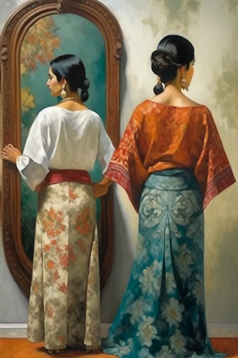 2 mexican woman painting neoclassism standing from the back whole body zoom out