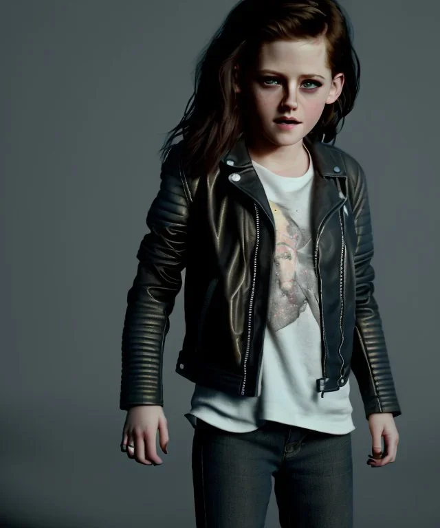 Kristen stewart toddler, full body, leather jacket, dramatic lighting, hyper realistic