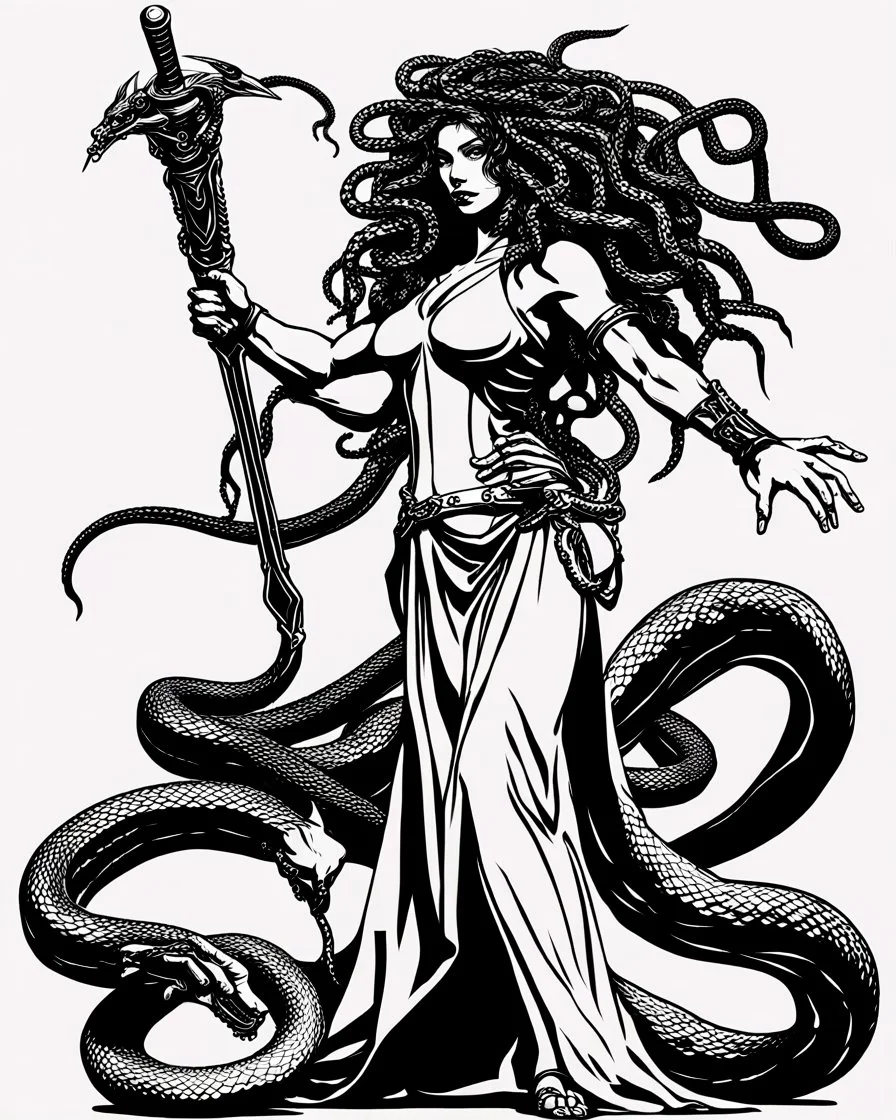 detailed persona, female, sword in hand, gorgon medusa, half turn, full height, leans on one leg, snakes on the head instead of hair