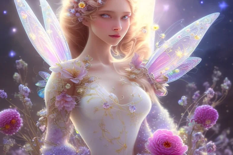 one very little beautiful fairy on a big crystal subtle flower in a galactic ambiance, transparent petals, delicate colors, in the foreground, full of details, smooth, bright sunshine，soft light atmosphere, light effect，vaporwave colorful, concept art, smooth, extremely sharp detail, finely tuned detail, ultra high definition, 8 k, unreal engine 5, ultra sharp focus