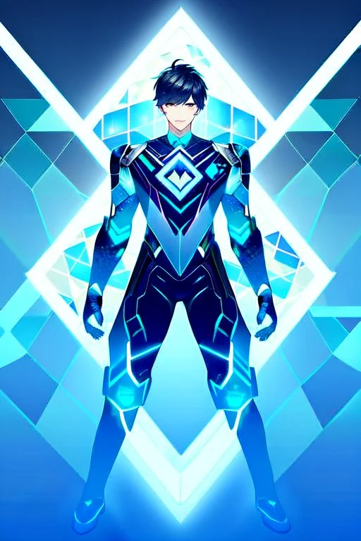 neon blue, floating triangle of light orbiting behind the back, cyber armor, geometric patterns on armor, male, orbiting triangle