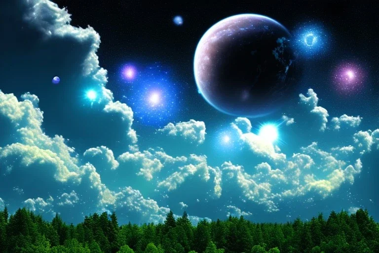 cosmos, ufo blue metallic, sky stars, sky blue light, light, multiple green moons