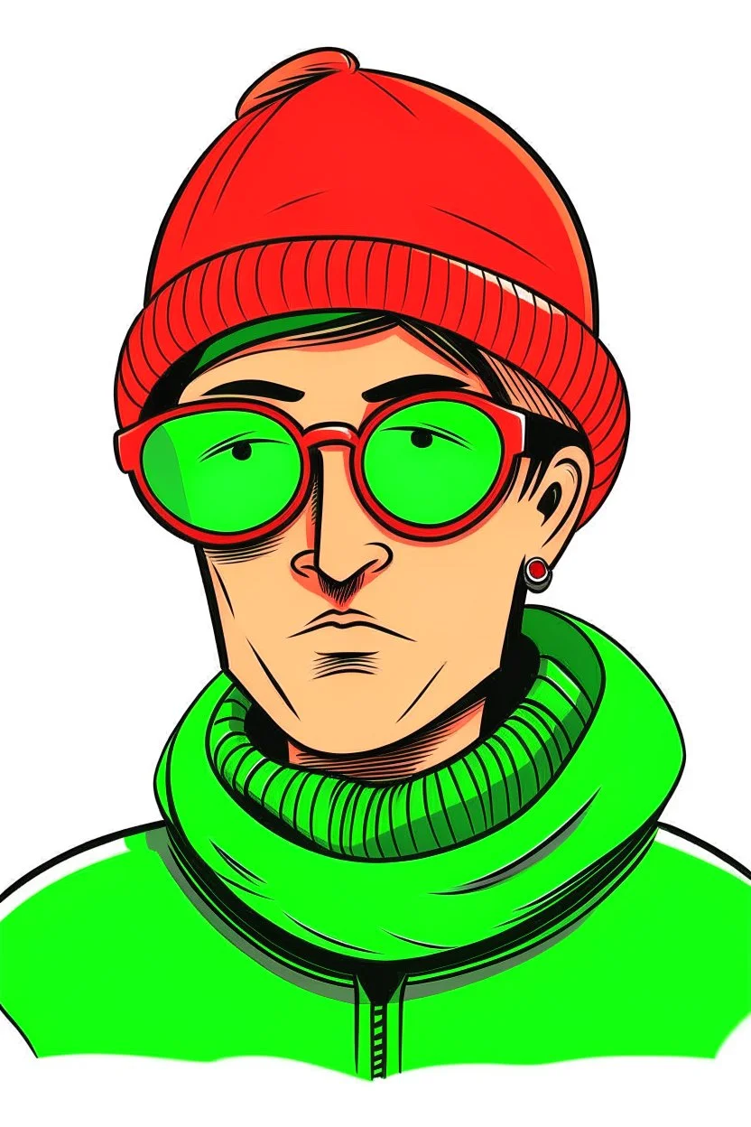 A yung caucasian shaved man with huge black sun glasses wearing a green winter hat, and a red t-shirt. Cartoon style.