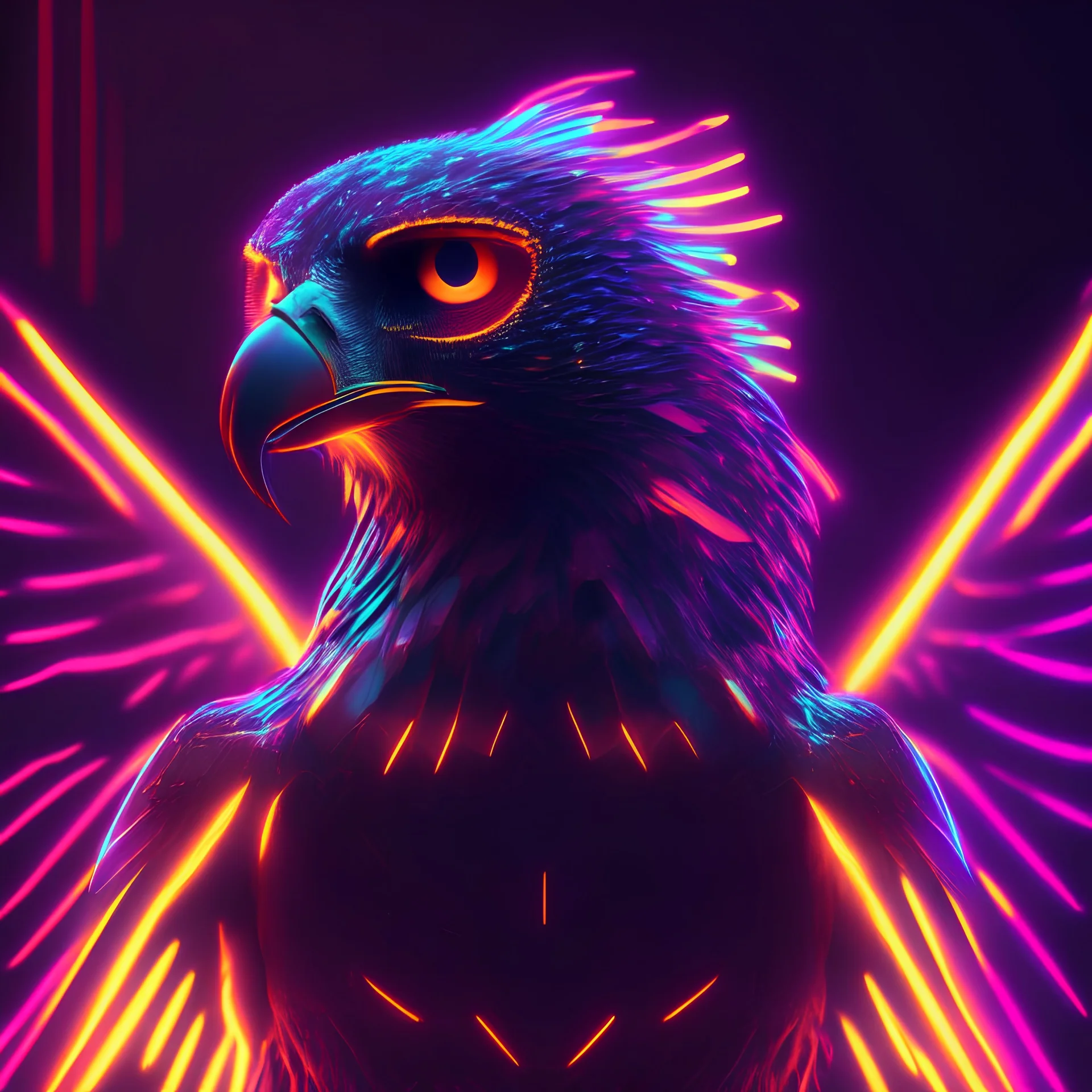 The one who flys with the howl, Falcon face, human body, colorful light, neon stripes, clear very height details, Octane render