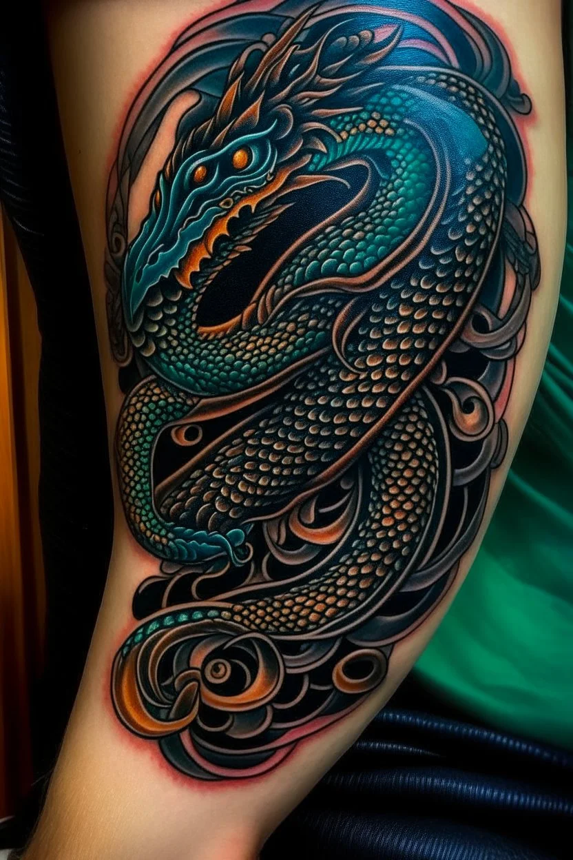 thigh stylized dragon tatoo, stylized snake tatoo wrapped in the things, leg focus, thigh focus