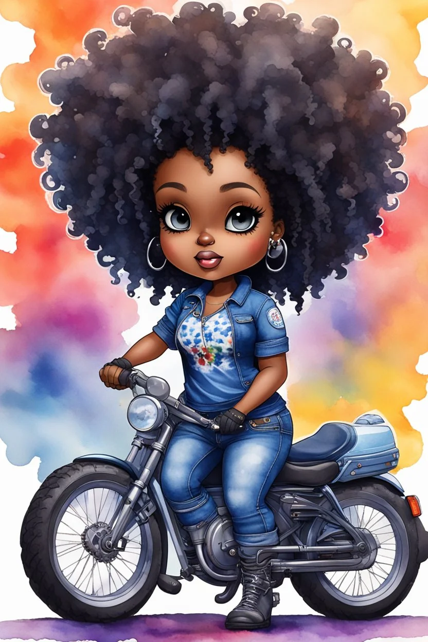 create an watercolor illustration of a chibi cartoon voluptuous black female wearing a blue jean outfit with a tie dye tshirt with biker boots. Prominent make up with hazel eyes. Extremely highly detail of a tight curly black and shiny afro. Background of a bike show