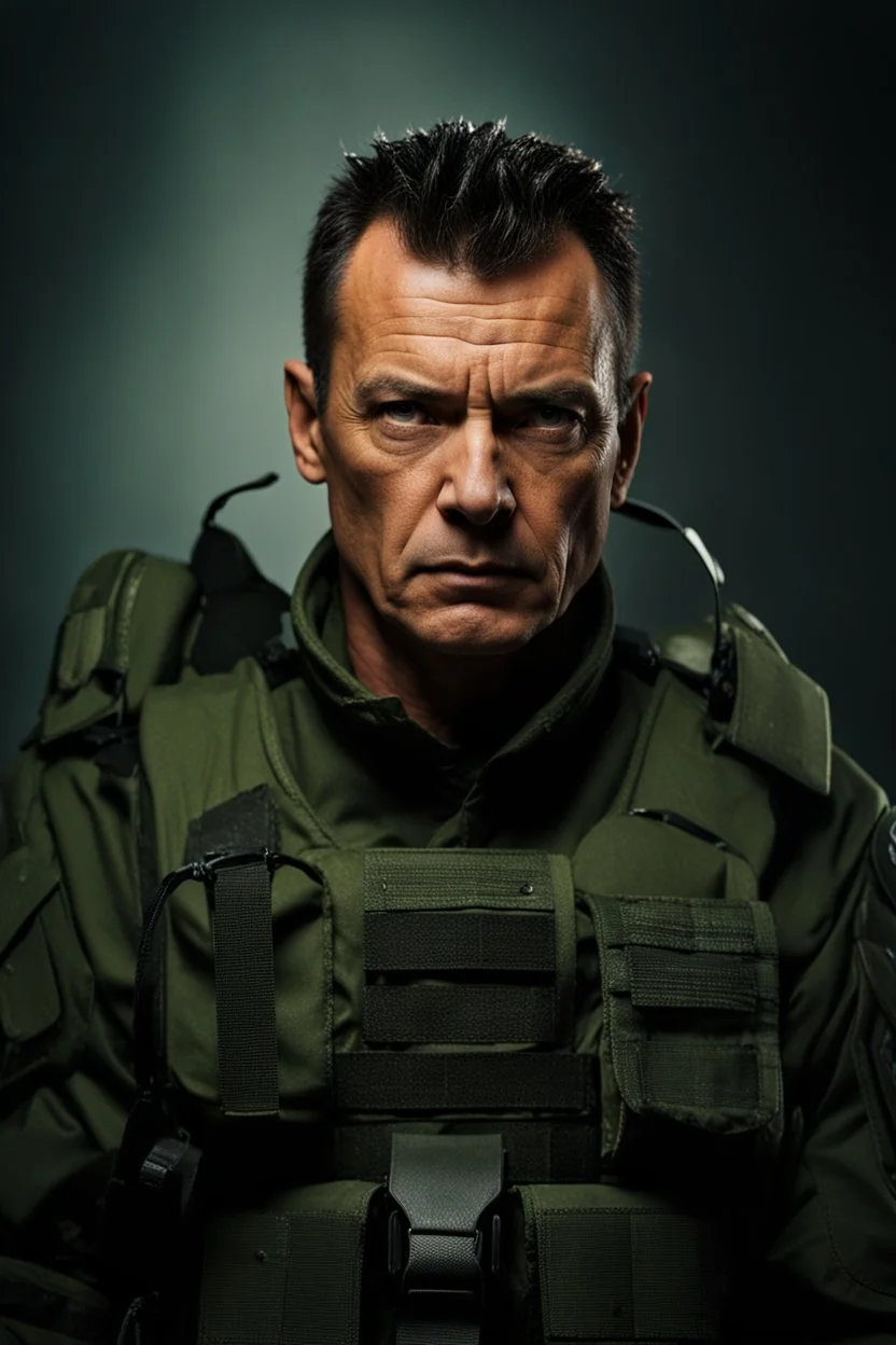 portrait of a 50 year old evil military leader. Cruel expression, dark crew cut hair,