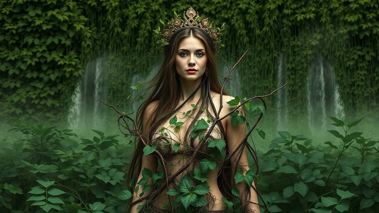 The image features a female figure surrounded by a lush natural environment. The woman seems to merge with the vegetation, as her body is partially covered by branches, leaves and vines that envelop her as if she were part of the environment. She wears a crown or adornment on her head that reinforces her connection with nature. The background shows dense vegetation with different shades of green and a possible wall of water or mist that adds a mystical atmosphere. The image evokes the idea of ​​