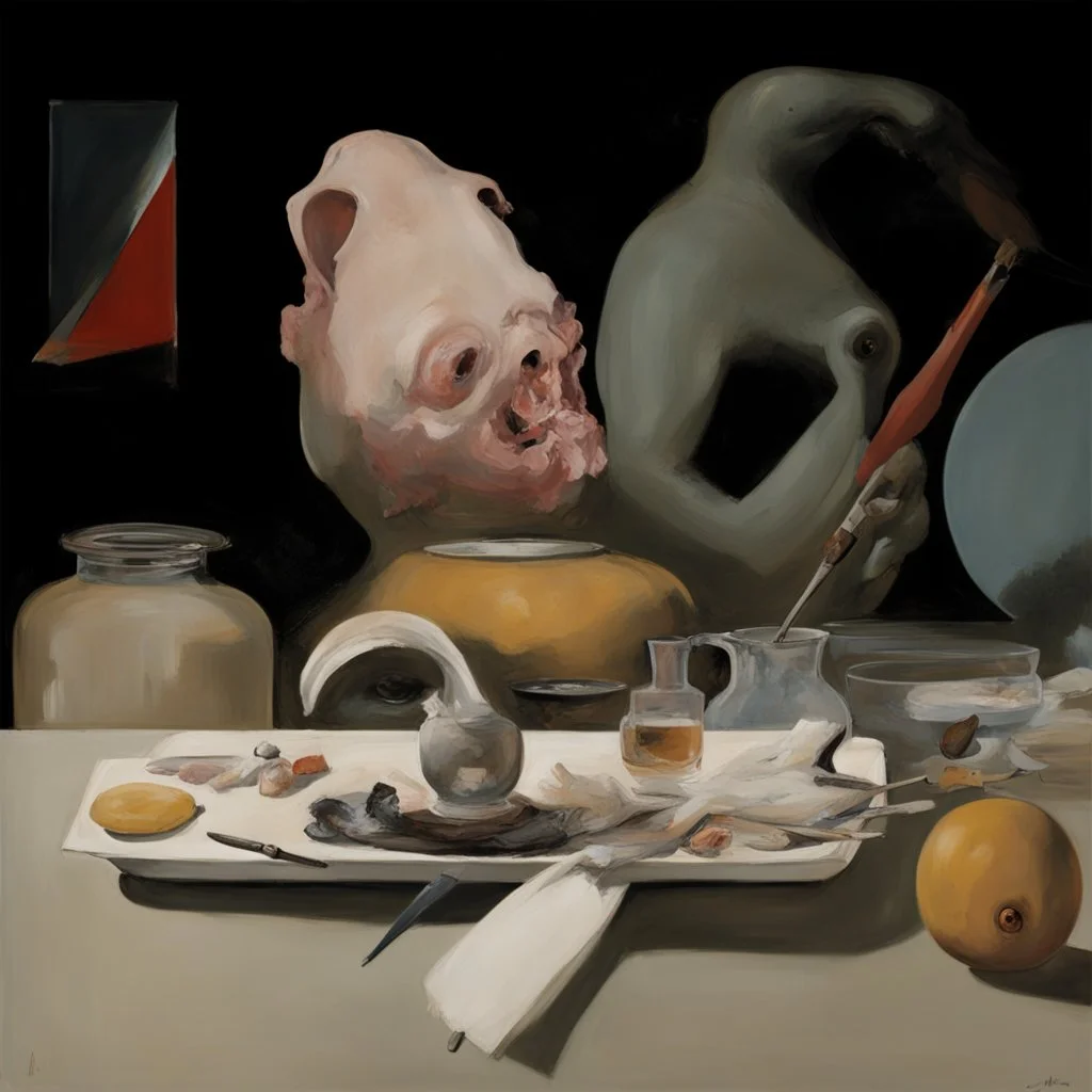 UN conference,a cat and human flesh-like surgical instruments and universe-like a pigeon and neuralink, surrealism,minimalism,Painting By Adrian Ghenie, Rene Magritte, Salvador Dali, Lucian Freud