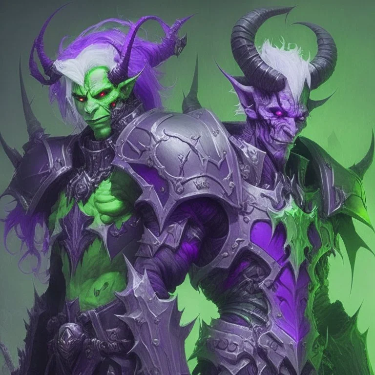 Demonio con armadura verde y negro posando con un demonio de armadura morada y verde con cabellos blancos