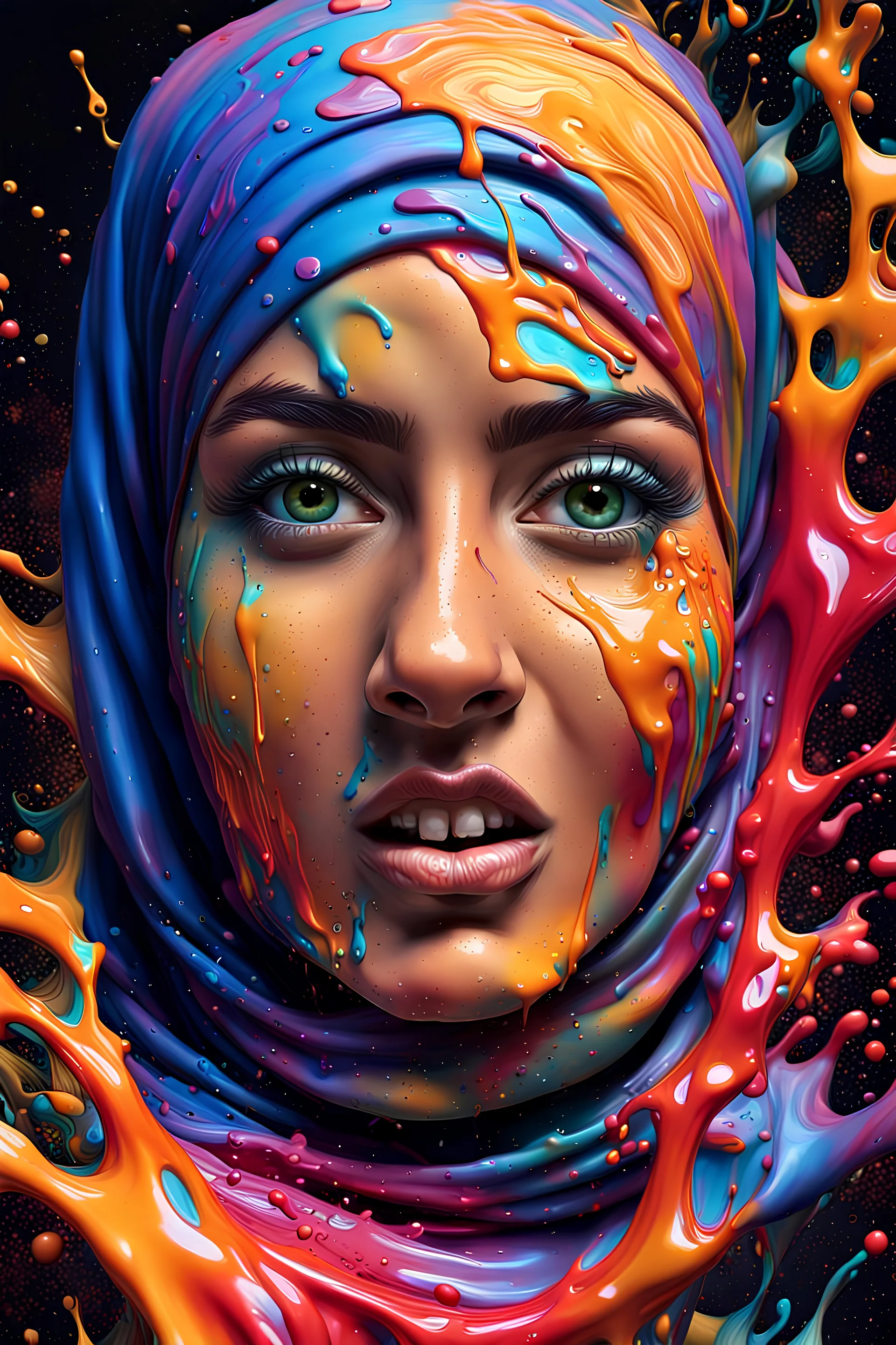 A Liquid Portrait Of female hijaber Face Made Of Colours, Muscles And Movement, Charging, Splash Style Of Colourful Paint, Hyperdetailed Intricately Detailed, Fantastical, Intricate Detail, Splash Screen, Complementary Colours, Liquid, Gooey, Slime, Splashy, Fantasy, Concept Art, 8k Resolution, Masterpiece, Melting, Complex Background Dark Art, Digital Art, Intricate, Oil On Canvas, Masterpiece, Expert, Insanely Detailed, 4k Resolution, Fairy Tale Illustration, Dramatic, by addie digi.