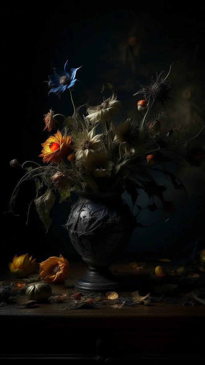 Bosch nightmares paining style Title:a vase with dry dark color flowers 8k artistic photography, photorealistic concept art, soft natural volumetric cinematic perfect light, chiaroscuro, award-winning photograph, masterpiece, oil on canvas, Raphael, Caravaggio, Greg Rutkowski, people, beksinski, Giger