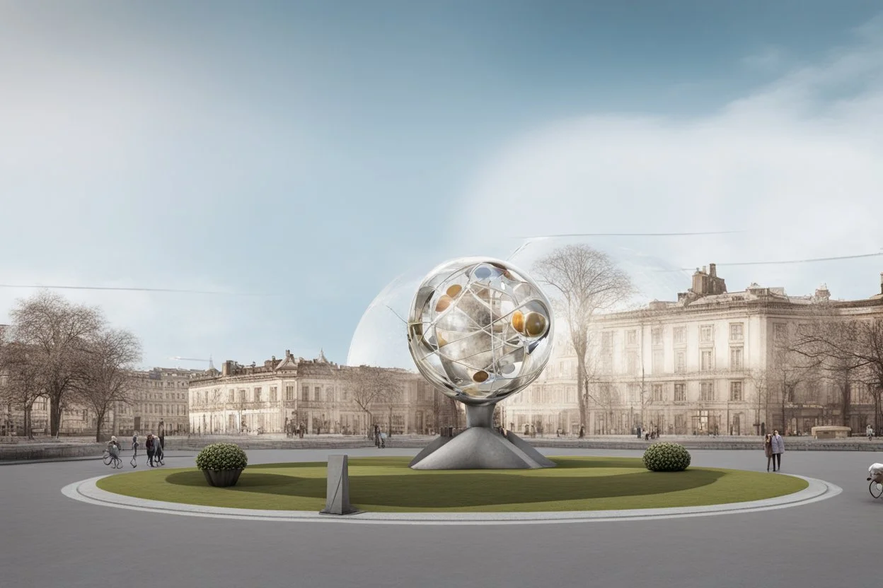 статуя на улице, Шар как атом/молекула: Сделать поверхность шара похожей на модель атома или молекулы, используя геометрические формы, светящиеся элементы или проекцию. . Для этого можно использовать различные геометрические формы, такие как круги, треугольники, шестиугольники и т. д., чтобы создать абстрактное изображение структуры атома или молекулы. Кроме того, возможно использование светящихся элементов, чтобы придать статуе особую магическую атмосферу и привлечь внимание прохожих ночью.