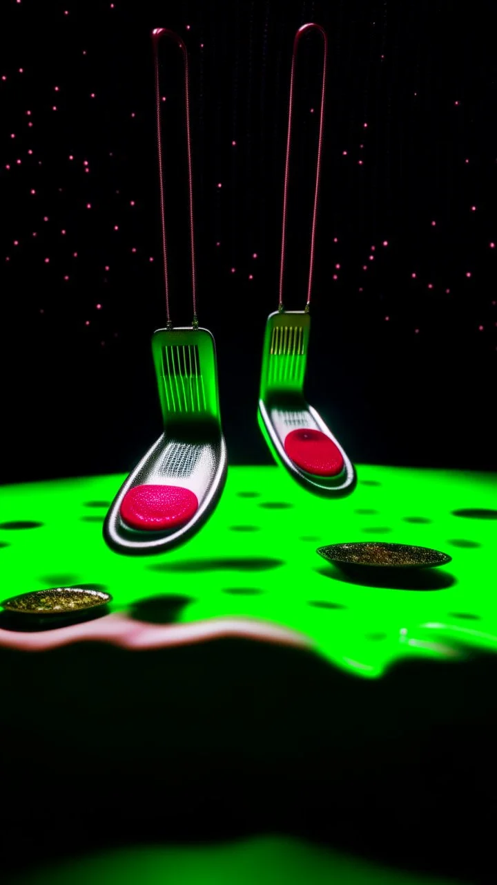 macro of a pair of football socks hanging floating in space, circular constellations shine in the background, forks spoons and knives set with rubies revolve around them, film still, kodak, green and ocher palette