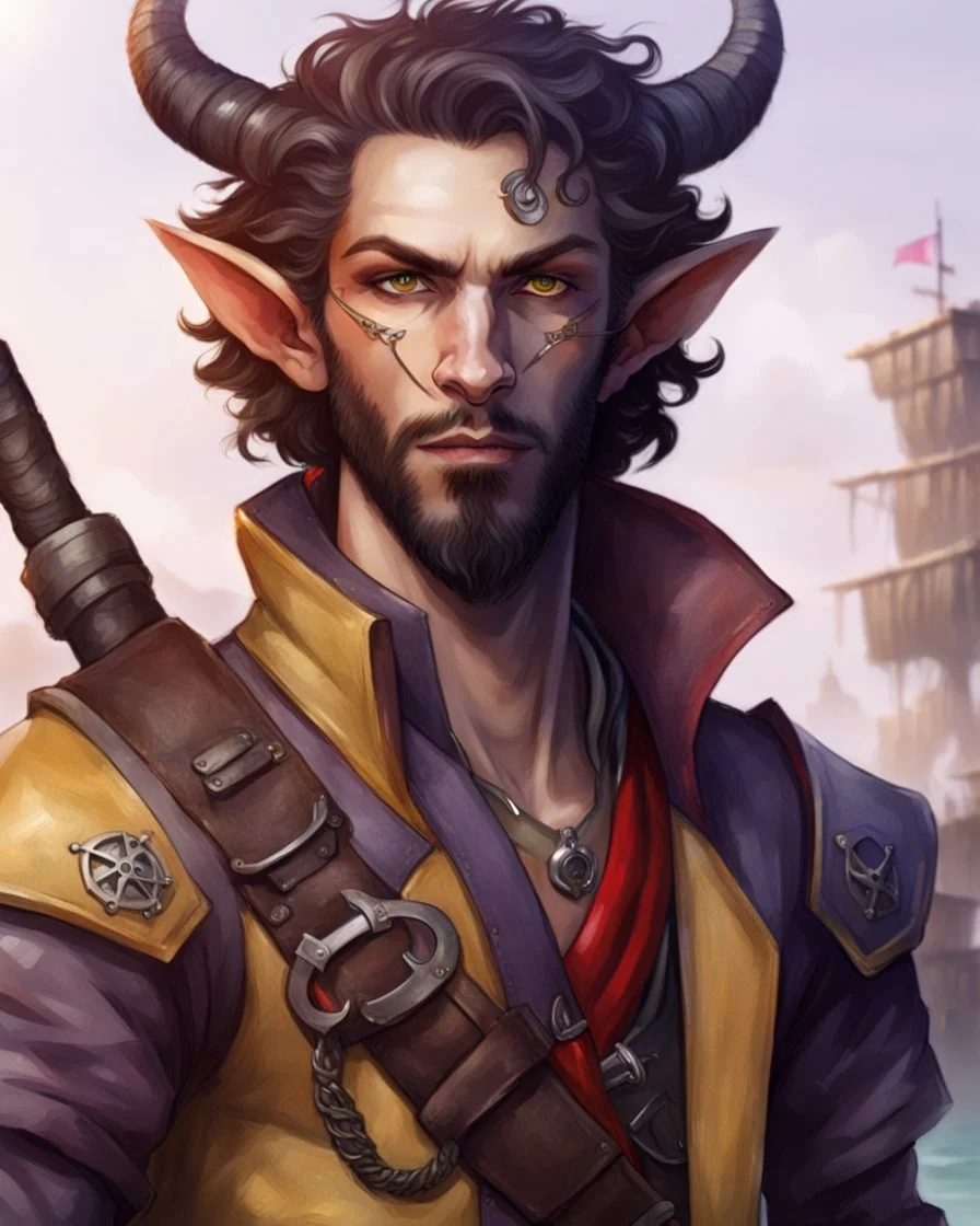 male humanoid tiefling, pirate, pale white skin, yellow eyes, soft purple lighting, small ears, short beard goatee, functional clothes, red coat