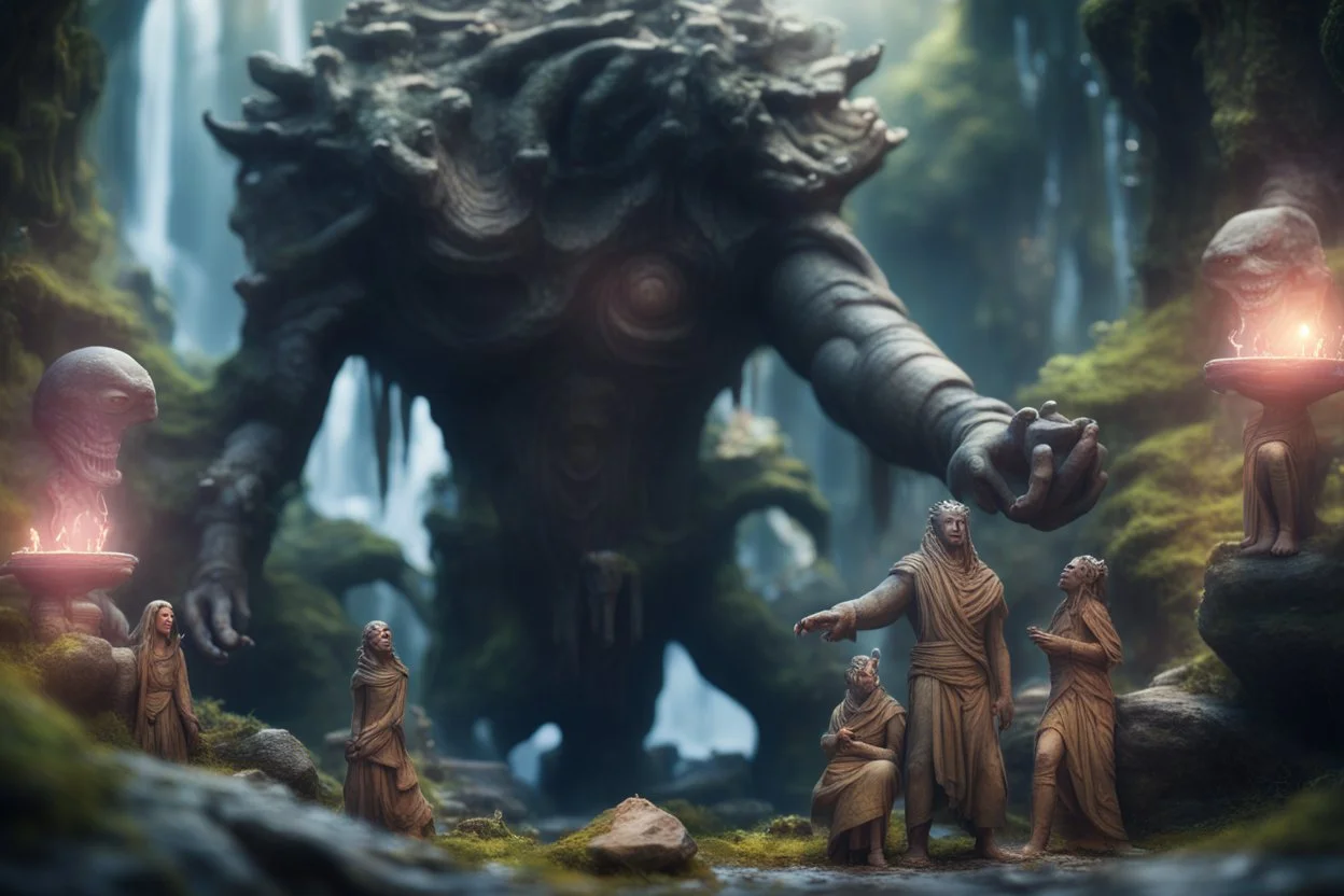 book cover illustration of archeologists discovering woodland creatures in Rivendell worshipping big fat alien statues and idols like from a myth or legend, on a strange planet with weird colors and waterfalls, bokeh like f/0.8, tilt-shift lens 8k, high detail, smooth render, down-light, unreal engine, prize winning