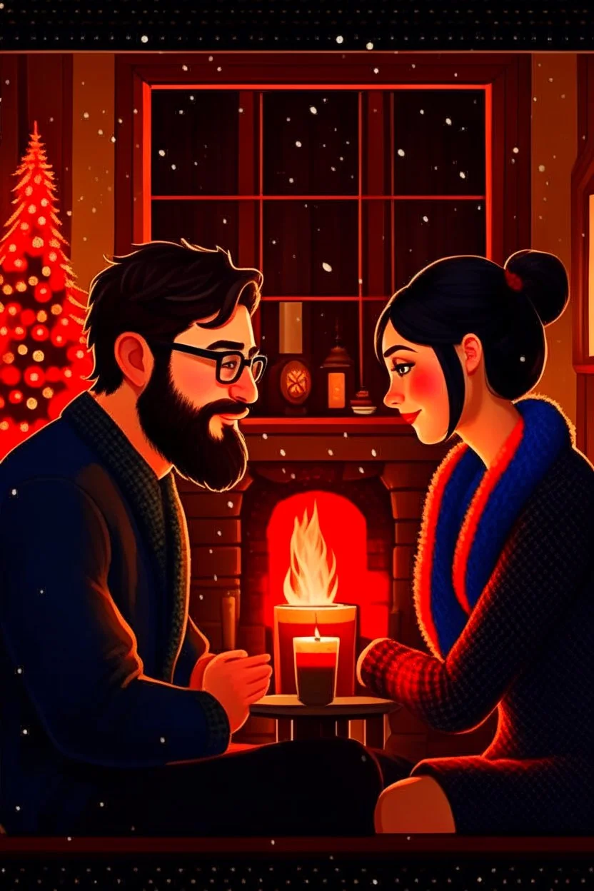 Fire place Christmas scene, dark haired couple, man with short black beard and glasses, blue eyes, young couple, graphic