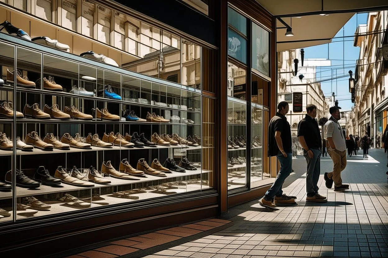 showcase of a shoe store in Spain, from the street you can see the interior, reflection in the glass of two people contemplating