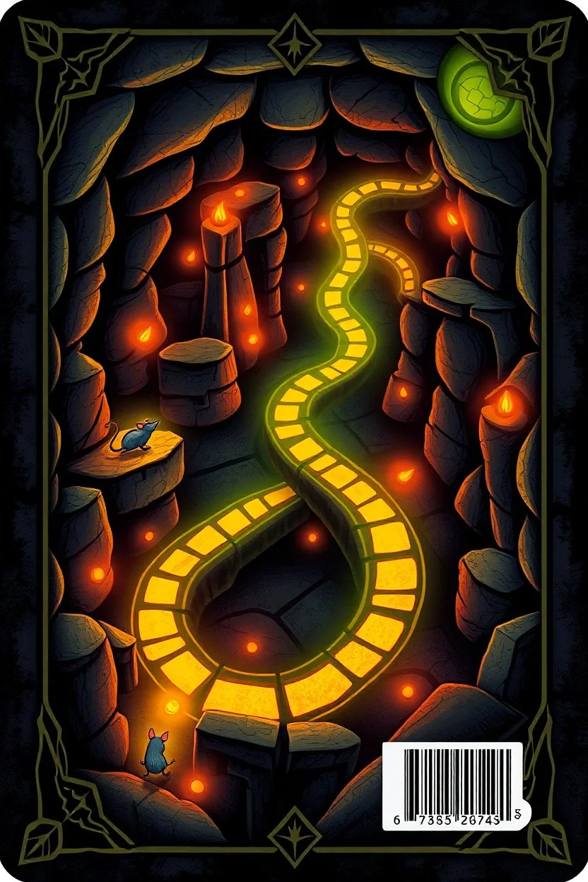 dark "Card back featuring a mystical dungeon maze design with glowing trails, tiny cartoon rats exploring paths, whimsical fantasy vibe, glowing runes, vibrant and colorful, symmetrical layout, polished illustration style."