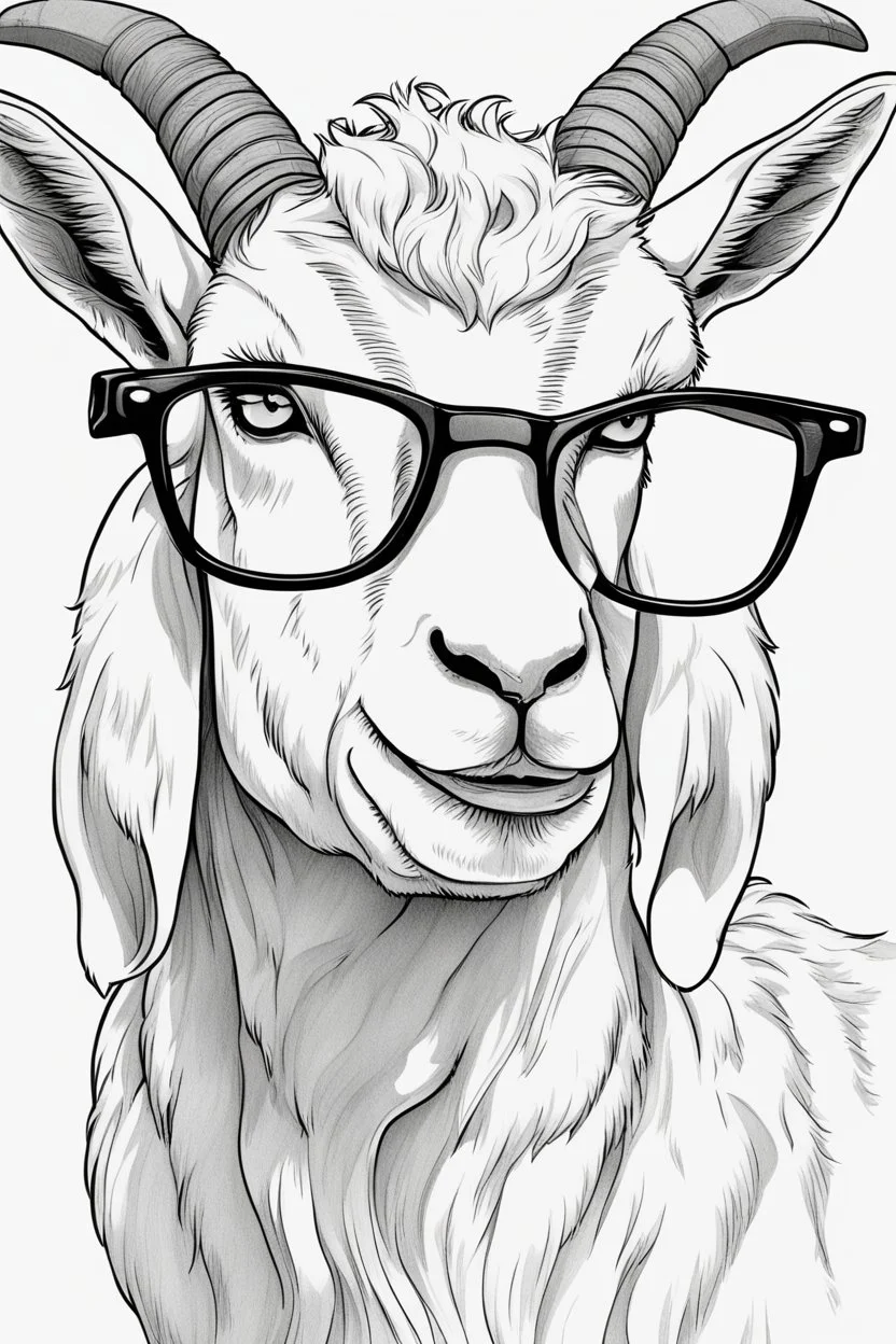 Outline art for cute coloring pages with goat with glasses, full body, white background, sketch style, only use outline, clean line art, no shadows and clear and well outlined.