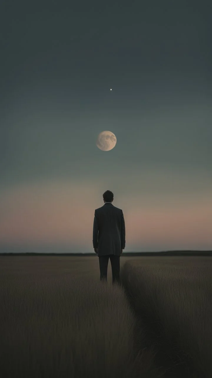 A solitary figure stands in the vastness of an open field, gazing at the distant horizon under a crescent moon. The photo focuses on the figure's face with an analog film photo style featuring a grainy texture and vintage aesthetics. A muted pastel color palette and minimalism create a mood of solitude with soft lighting from a low angle shot and rule of thirds composition. The wideangle lens captures the scene at twilight under a crescent moon. --ar 103:128 --style raw --v 5. 2