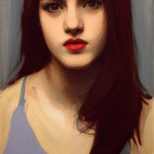  100 % modern conceptual art, realistic portrait oil painting by john William Waterhouse and Malcom Liepke of a beautiful 18 year old woman , front view centered 3/4 figure symmetrical and cinematic side lighting, precise brushstrokes and subtle blended variations in skin color temperature, perfectly proportioned female figure elegantly posed and wears contempory casual clothes, short tangled hyper-realistic detailed jet-black hair with bangs! Perfectly symmetrical facial features precisely pa