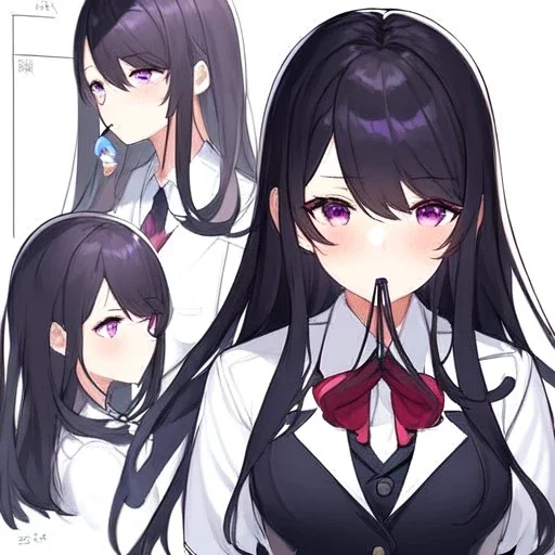 High quality, Detailed, Black long hair, Purple eyes, mouth open, blushing, office lady clothes, concept art