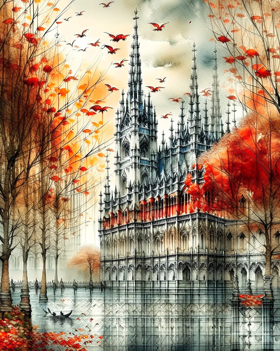 Milan Cathedral. Amanda Clark, Zdzisław Beksiński, Jacek Yerka and Yossi Kotler style mix, surreal whimsical autumn landscape, watercolor- fall foliage is almost over. A beautiful red maple clings to the last of its leaves and a flock of small birds nestled on its branches, watercolour and ink illustration, wet-on-wet, loose water effects, white, red and golden paint splatter, voronoi pattern, richly textured, fluffy clouds, beautiful vibrant colors, opalescent gradient. Modifiers: intricate bea