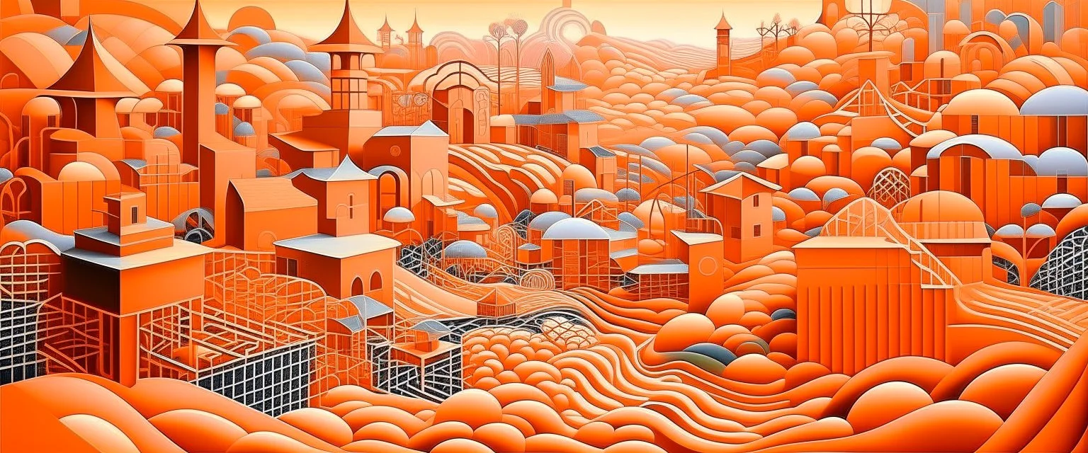 A light rosy orange colored underground village with a mining factory painted by Victor Vasarely